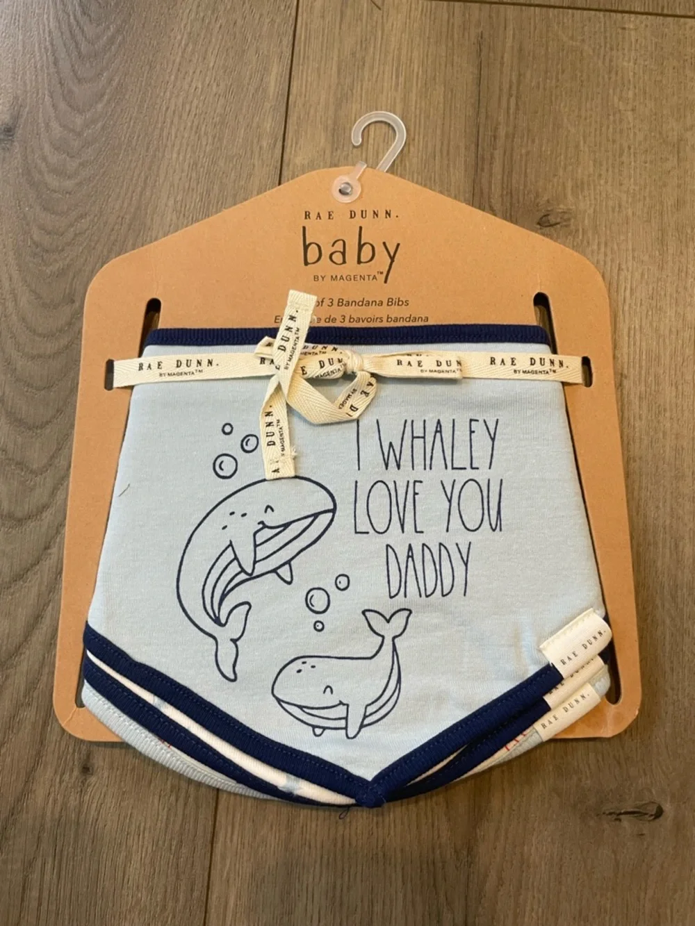 Rae Dunn Baby Light Blue Whale Bandana Bibs with Navy Trim - Set of 3